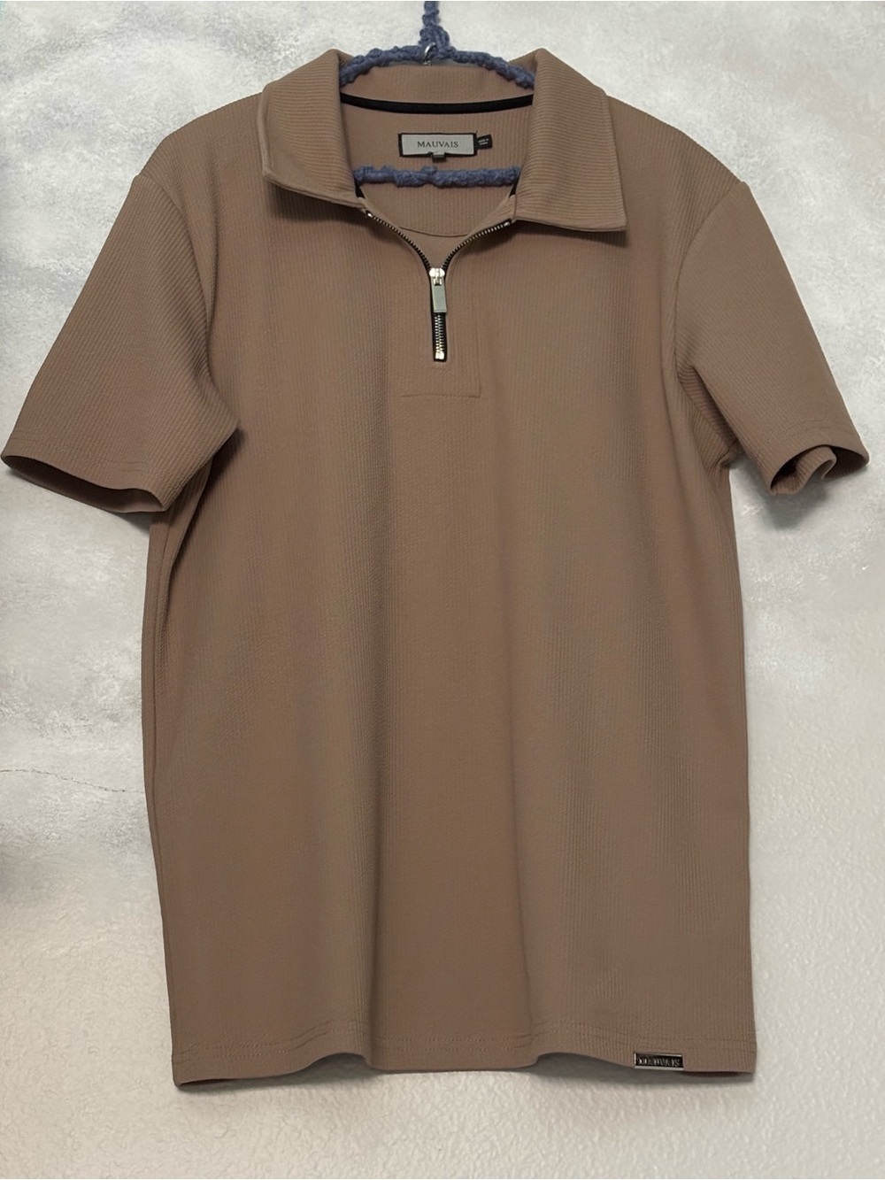 Mauvais Premium Fabric Quarter Zip Polo Shirt Textured Tan Brown L Short Sleeve